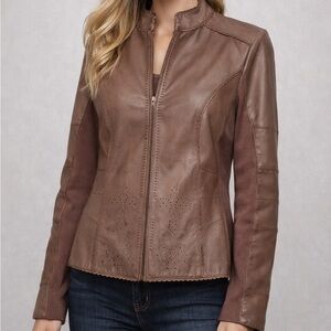 NYGARD Collection Leather Jacket M Brown Scalloped Trim Zip Front